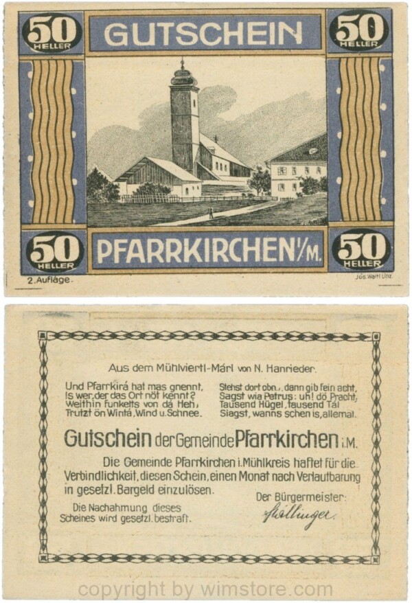 Pfarrkirchen im Mühlkreis, G744.2b, 50 Heller, 2. Auflage, Papier gelblich, Rahmen blau/braun, 1-