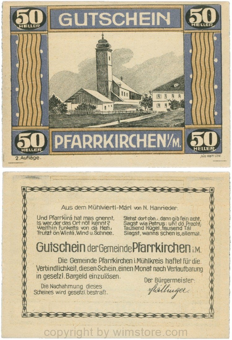 Pfarrkirchen im Mühlkreis, G744.2b, 50 Heller, 2. Auflage, Papier gelblich, Rahmen blau/braun, 1-