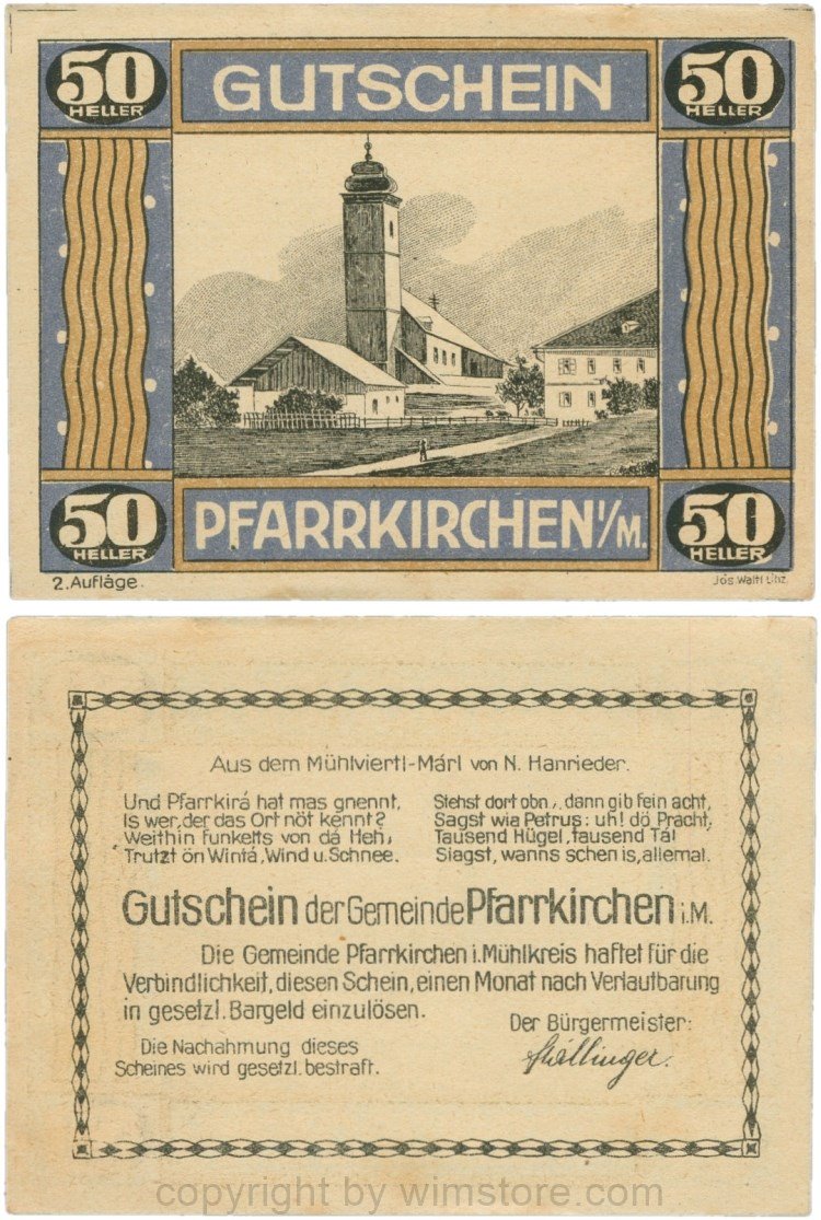 Pfarrkirchen im Mühlkreis, G744.2b, 50 Heller, 2. Auflage, Papier gelblich, Rahmen blau/braun, 1-