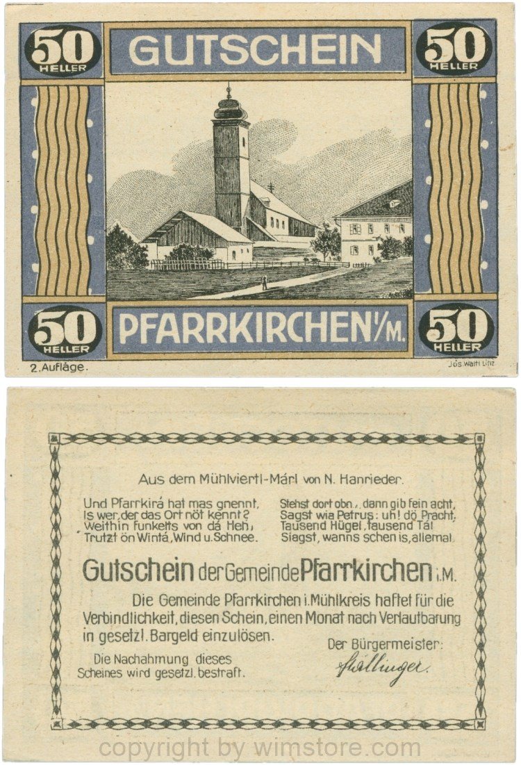 Pfarrkirchen im Mühlkreis, G744.2b, 50 Heller, 2. Auflage, Papier gelblich, Rahmen blau/braun, 1-