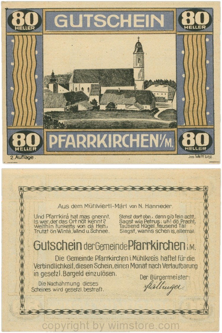 Pfarrkirchen im Mühlkreis, G744.2b, 80 Heller, 2. Auflage, Papier gelblich, Rahmen blau/braun, 1