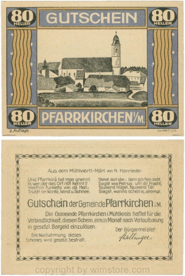 Pfarrkirchen im Mühlkreis, G744.2b, 80 Heller, 2. Auflage, Papier gelblich, Rahmen blau/braun, 1