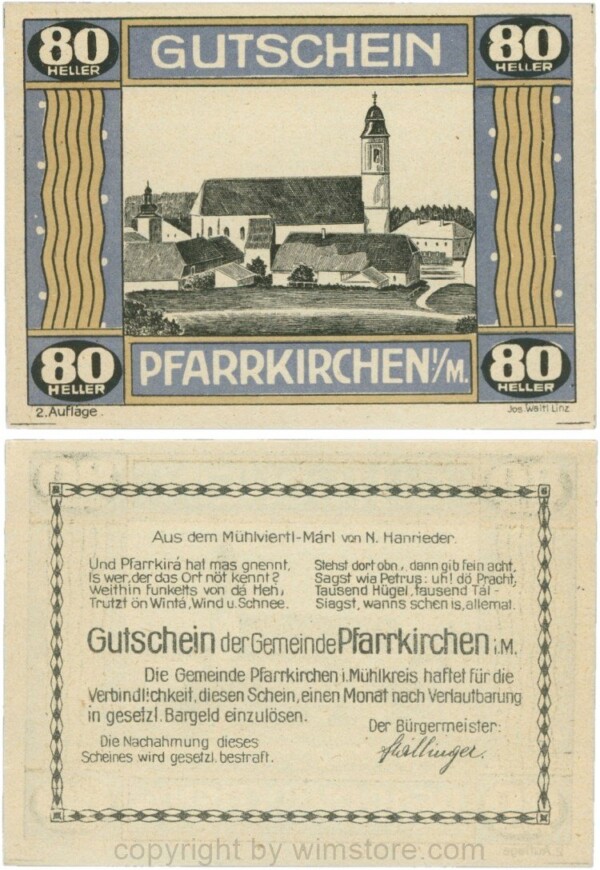 Pfarrkirchen im Mühlkreis, G744.2b, 80 Heller, 2. Auflage, Papier gelblich, Rahmen blau/braun, 1