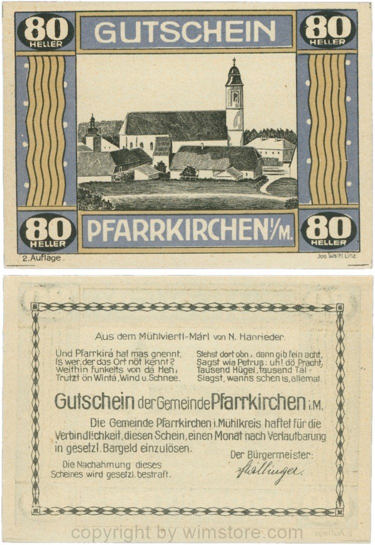 Pfarrkirchen im Mühlkreis, G744.2b, 80 Heller, 2. Auflage, Papier gelblich, Rahmen blau/braun, 1