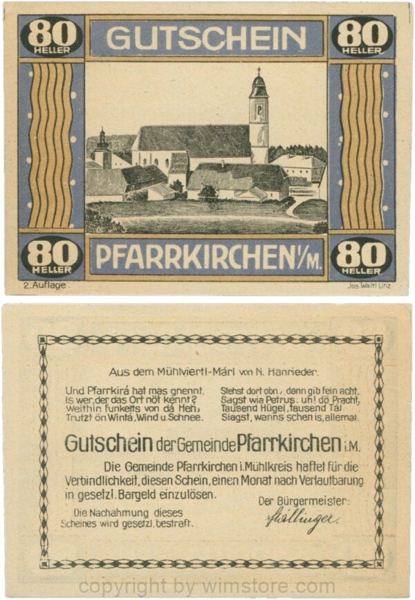 Pfarrkirchen im Mühlkreis, G744.2b, 80 Heller, 2. Auflage, Papier gelblich, Rahmen blau/braun, 1