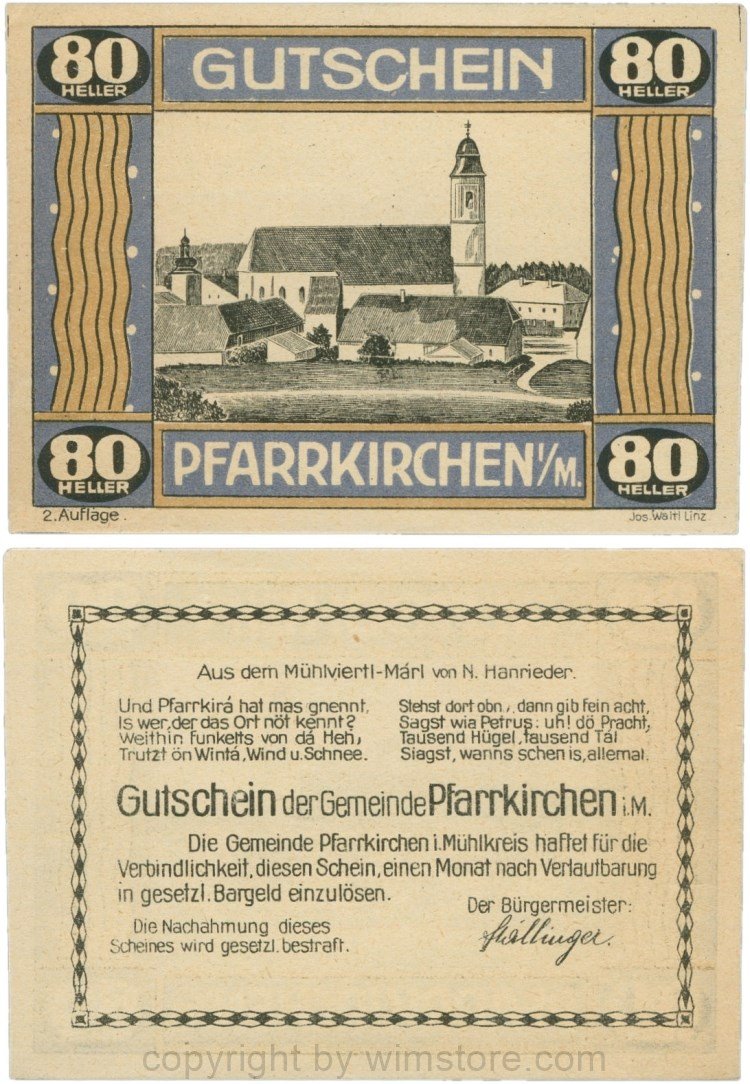 Pfarrkirchen im Mühlkreis, G744.2b, 80 Heller, 2. Auflage, Papier gelblich, Rahmen blau/braun, 1