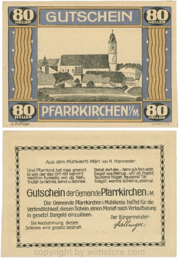 Pfarrkirchen im Mühlkreis, G744.2b, 80 Heller, 2. Auflage, Papier gelblich, Rahmen blau/braun, 1