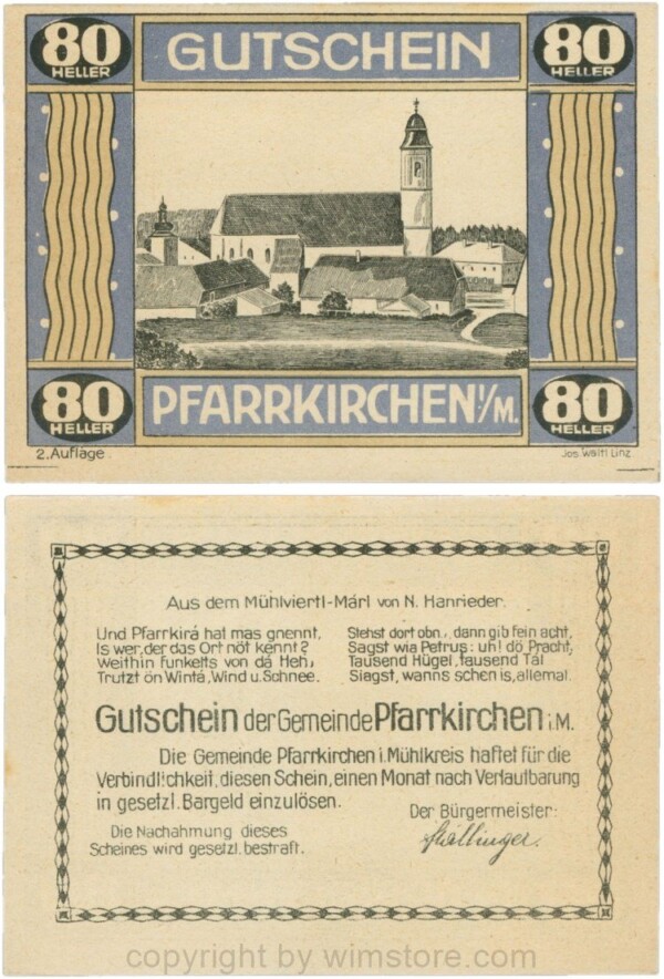 Pfarrkirchen im Mühlkreis, G744.2b, 80 Heller, 2. Auflage, Papier gelblich, Rahmen blau/braun, 1-