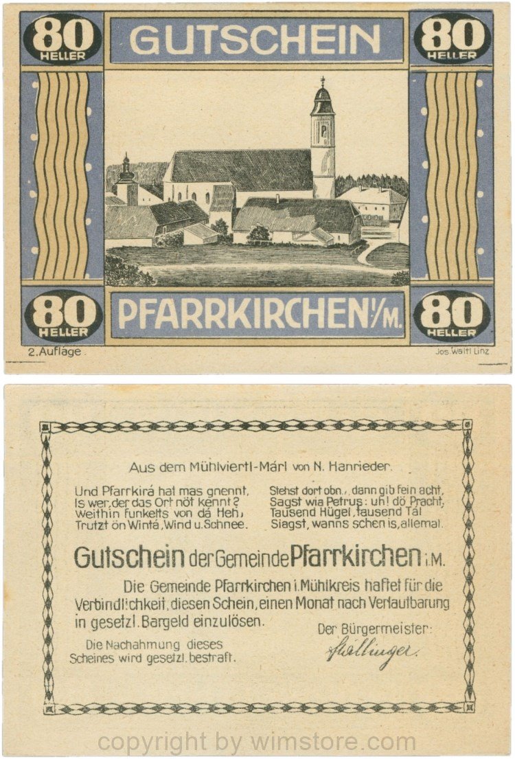 Pfarrkirchen im Mühlkreis, G744.2b, 80 Heller, 2. Auflage, Papier gelblich, Rahmen blau/braun, 1-