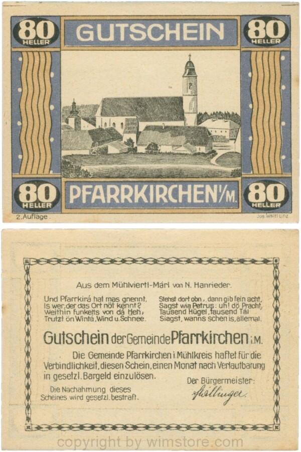 Pfarrkirchen im Mühlkreis, G744.2b, 80 Heller, 2. Auflage, Papier gelblich, Rahmen blau/braun, 1-