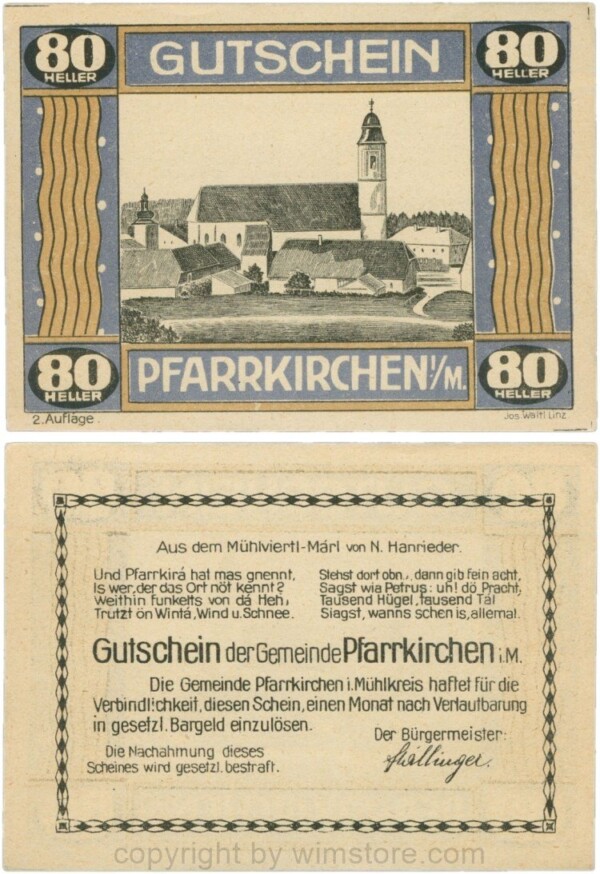 Pfarrkirchen im Mühlkreis, G744.2b, 80 Heller, 2. Auflage, Papier gelblich, Rahmen blau/braun, 1-