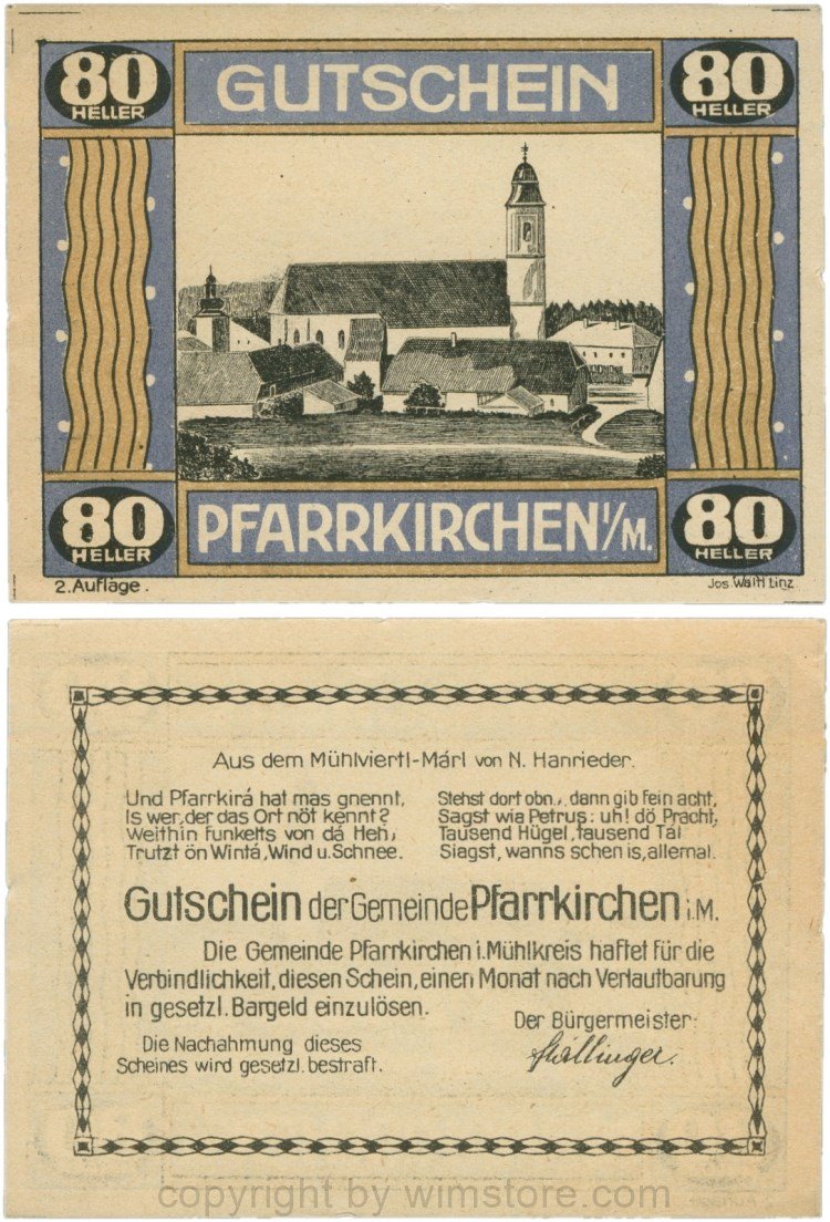 Pfarrkirchen im Mühlkreis, G744.2b, 80 Heller, 2. Auflage, Papier gelblich, Rahmen blau/braun, 1-