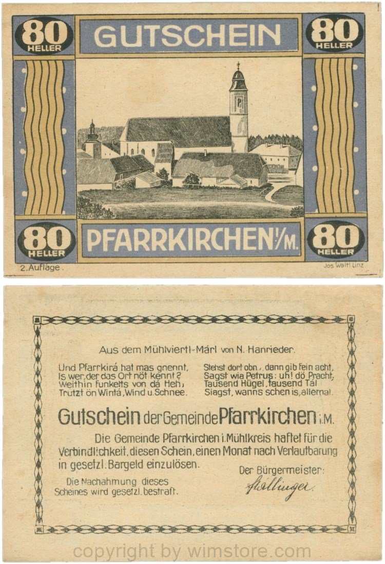 Pfarrkirchen im Mühlkreis, G744.2b, 80 Heller, 2. Auflage, Papier gelblich, Rahmen blau/braun, 1-