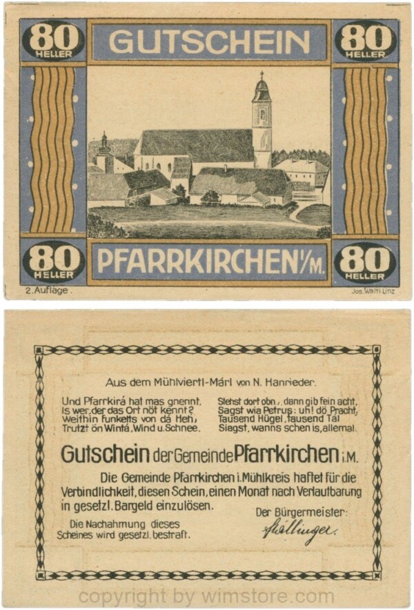Pfarrkirchen im Mühlkreis, G744.2b, 80 Heller, 2. Auflage, Papier gelblich, Rahmen blau/braun, 1-