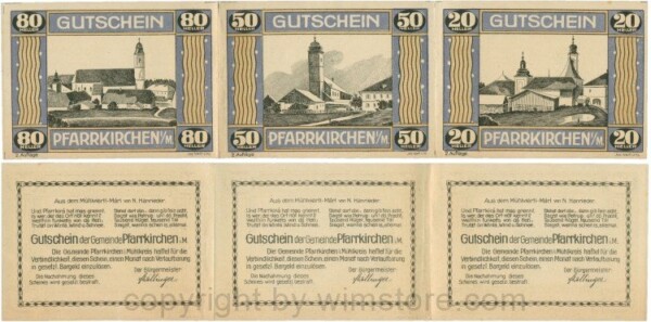Pfarrkirchen im Mühlkreis, G744.2b, Bogen, 80/50/20 Heller, 2. Auflage, Papier gelblich, Rahmen blau/braun, 1-, gefaltet