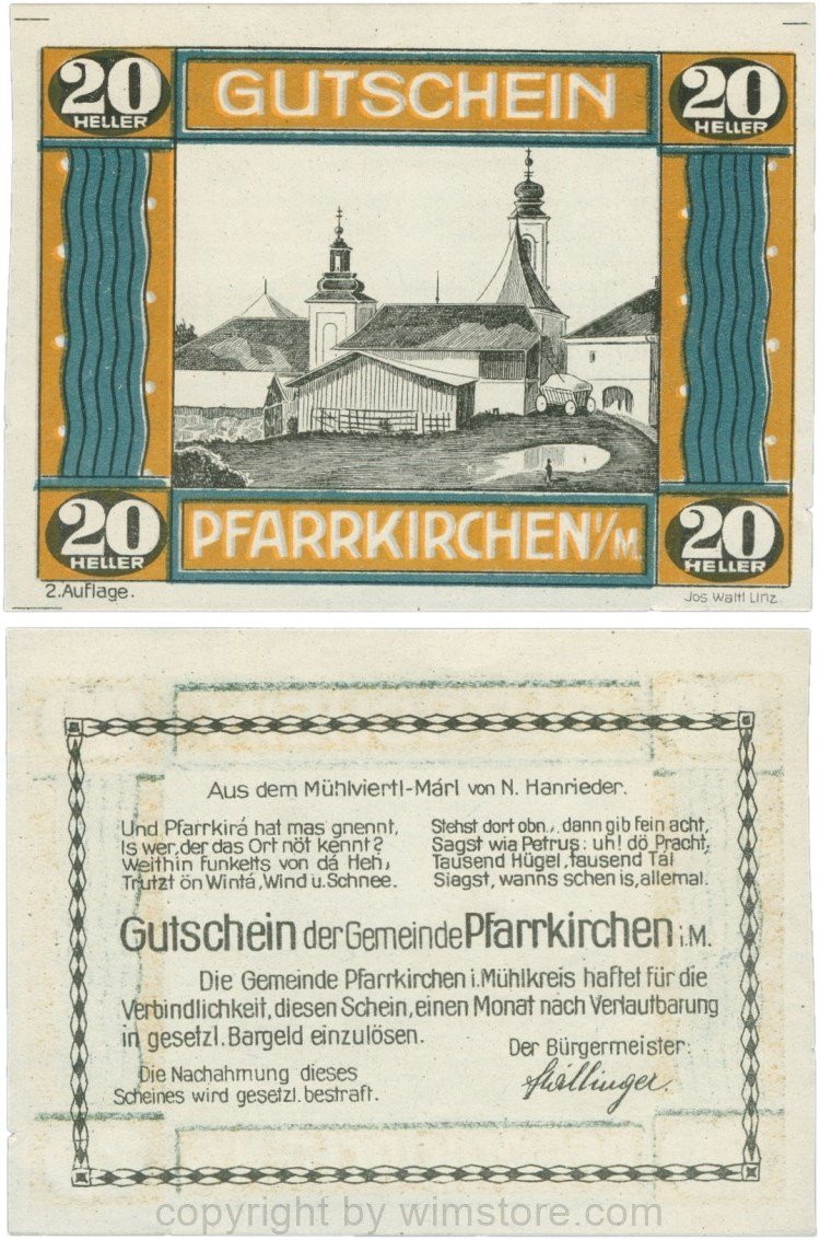 Pfarrkirchen im Mühlkreis, G744.2c, 20 Heller, 2. Auflage, Papier weiss, Rahmen braun/blaugrün, 1
