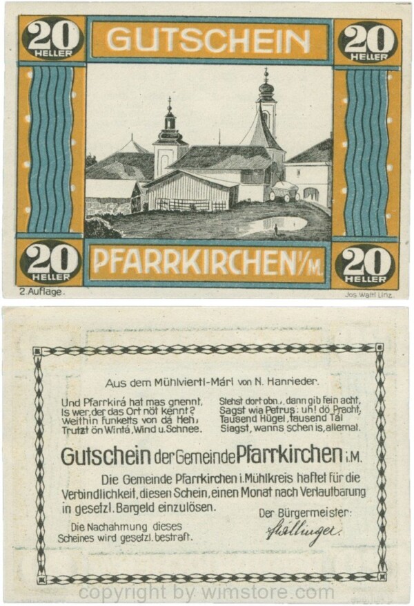Pfarrkirchen im Mühlkreis, G744.2c, 20 Heller, 2. Auflage, Papier weiss, Rahmen braun/blaugrün, 1