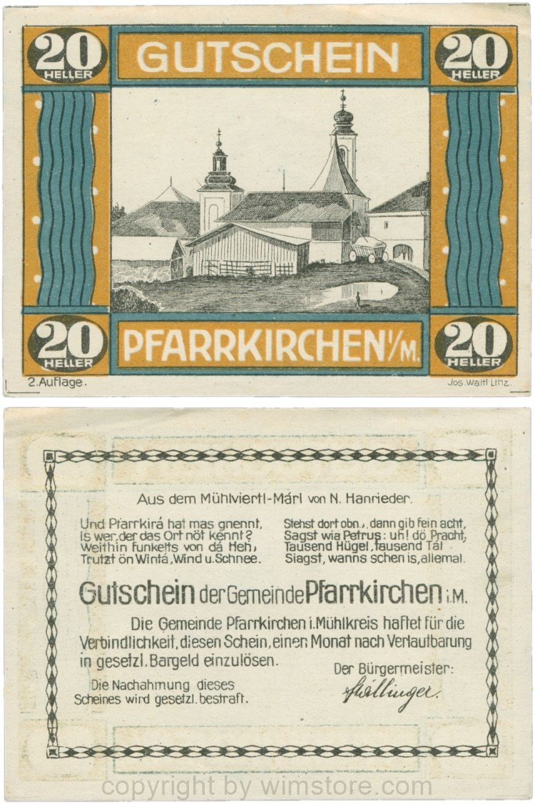 Pfarrkirchen im Mühlkreis, G744.2c, 20 Heller, 2. Auflage, Papier weiss, Rahmen braun/blaugrün, 1-