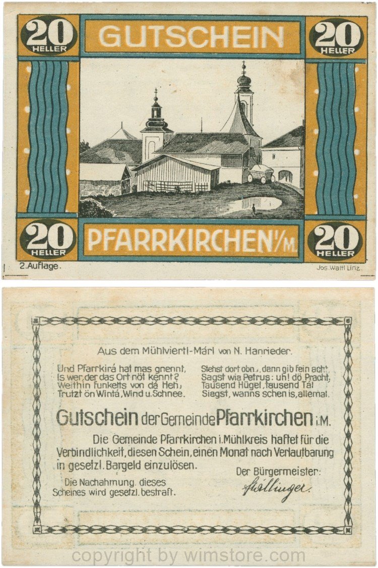 Pfarrkirchen im Mühlkreis, G744.2c, 20 Heller, 2. Auflage, Papier weiss, Rahmen braun/blaugrün, 1-