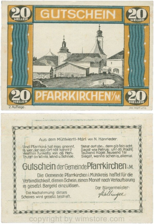 Pfarrkirchen im Mühlkreis, G744.2c, 20 Heller, 2. Auflage, Papier weiss, Rahmen braun/blaugrün, 1-