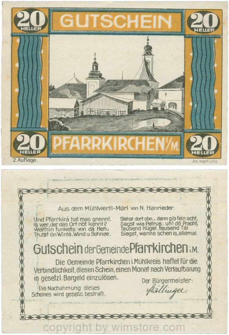 Pfarrkirchen im Mühlkreis, G744.2c, 20 Heller, 2. Auflage, Papier weiss, Rahmen braun/blaugrün, 1-