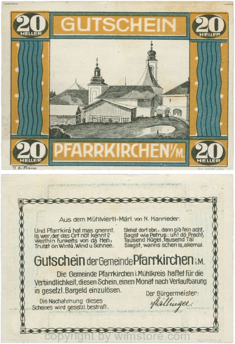 Pfarrkirchen im Mühlkreis, G744.2c, 20 Heller, 2. Auflage, Papier weiss, Rahmen braun/blaugrün, 1-