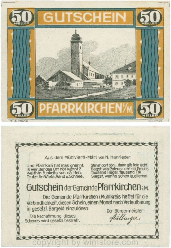 Pfarrkirchen im Mühlkreis, G744.2c, 50 Heller, 2. Auflage, Papier weiss, Rahmen braun/blaugrün, 1