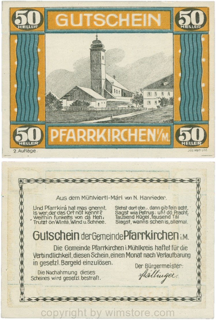 Pfarrkirchen im Mühlkreis, G744.2c, 50 Heller, 2. Auflage, Papier weiss, Rahmen braun/blaugrün, 1