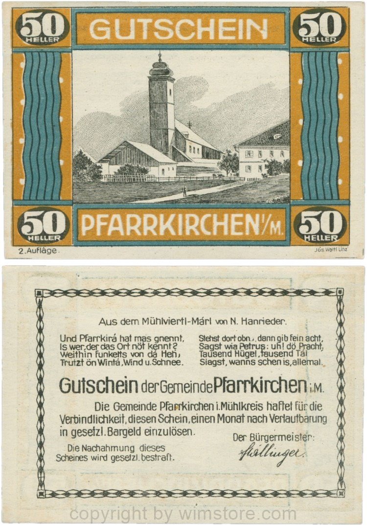 Pfarrkirchen im Mühlkreis, G744.2c, 50 Heller, 2. Auflage, Papier weiss, Rahmen braun/blaugrün, 1