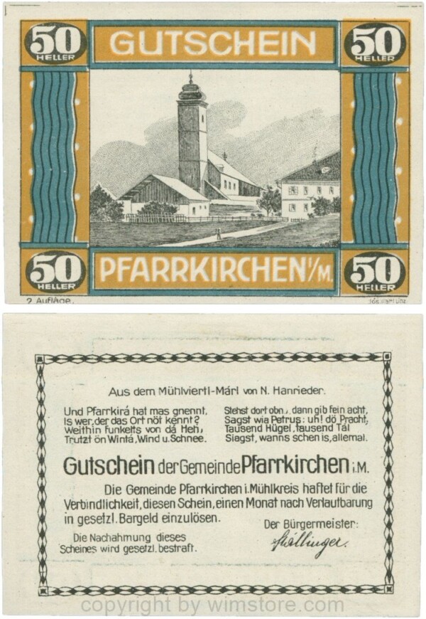 Pfarrkirchen im Mühlkreis, G744.2c, 50 Heller, 2. Auflage, Papier weiss, Rahmen braun/blaugrün, 1