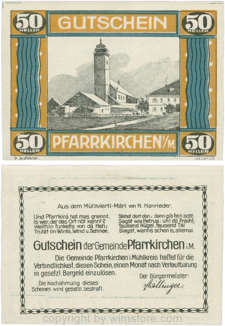 Pfarrkirchen im Mühlkreis, G744.2c, 50 Heller, 2. Auflage, Papier weiss, Rahmen braun/blaugrün, 1