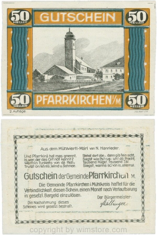 Pfarrkirchen im Mühlkreis, G744.2c, 50 Heller, 2. Auflage, Papier weiss, Rahmen braun/blaugrün, 1