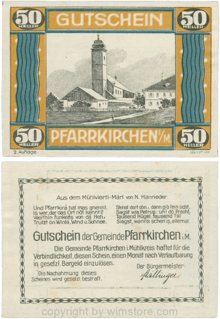 Pfarrkirchen im Mühlkreis, G744.2c, 50 Heller, 2. Auflage, Papier weiss, Rahmen braun/blaugrün, 1-