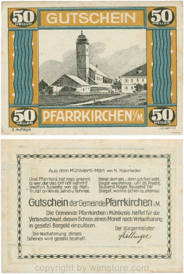Pfarrkirchen im Mühlkreis, G744.2c, 50 Heller, 2. Auflage, Papier weiss, Rahmen braun/blaugrün, 1-