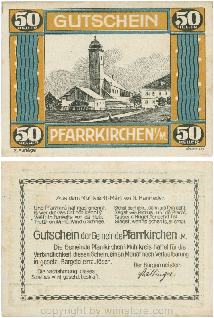 Pfarrkirchen im Mühlkreis, G744.2c, 50 Heller, 2. Auflage, Papier weiss, Rahmen braun/blaugrün, 1-