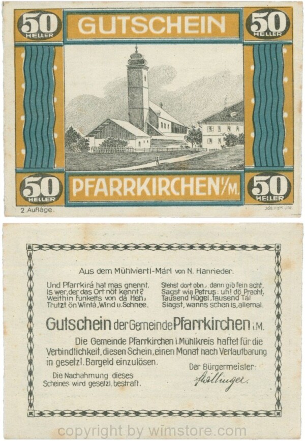 Pfarrkirchen im Mühlkreis, G744.2c, 50 Heller, 2. Auflage, Papier weiss, Rahmen braun/blaugrün, 1-