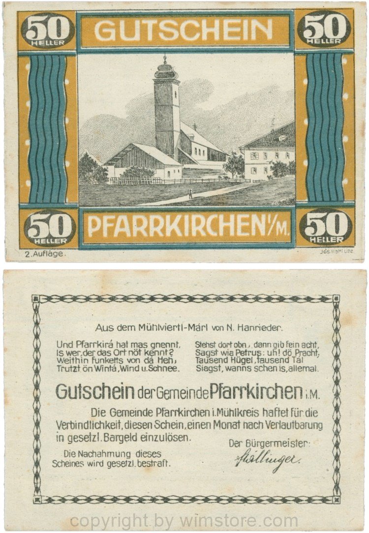 Pfarrkirchen im Mühlkreis, G744.2c, 50 Heller, 2. Auflage, Papier weiss, Rahmen braun/blaugrün, 1-