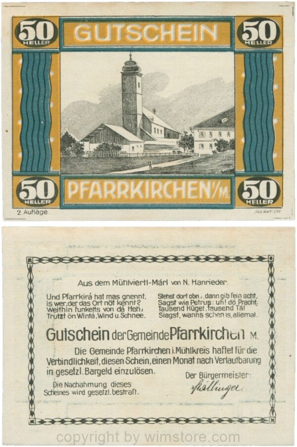Pfarrkirchen im Mühlkreis, G744.2c, 50 Heller, 2. Auflage, Papier weiss, Rahmen braun/blaugrün, 1-