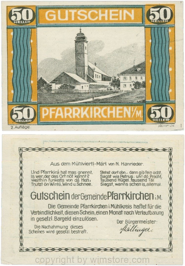 Pfarrkirchen im Mühlkreis, G744.2c, 50 Heller, 2. Auflage, Papier weiss, Rahmen braun/blaugrün, 1-