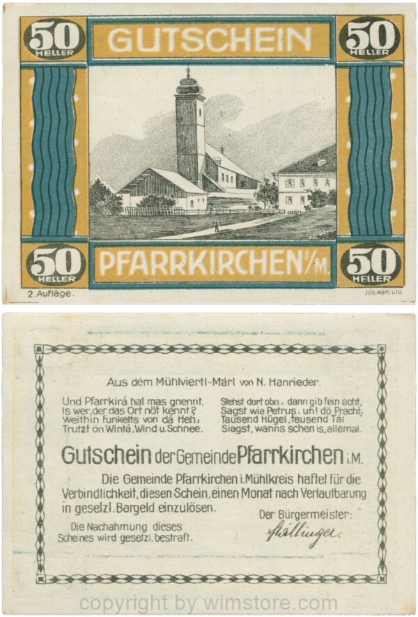 Pfarrkirchen im Mühlkreis, G744.2c, 50 Heller, 2. Auflage, Papier weiss, Rahmen braun/blaugrün, 1-