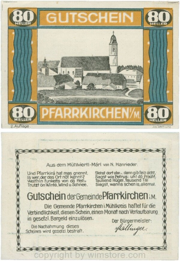 Pfarrkirchen im Mühlkreis, G744.2c, 80 Heller, 2. Auflage, Papier weiss, Rahmen braun/blaugrün, 1