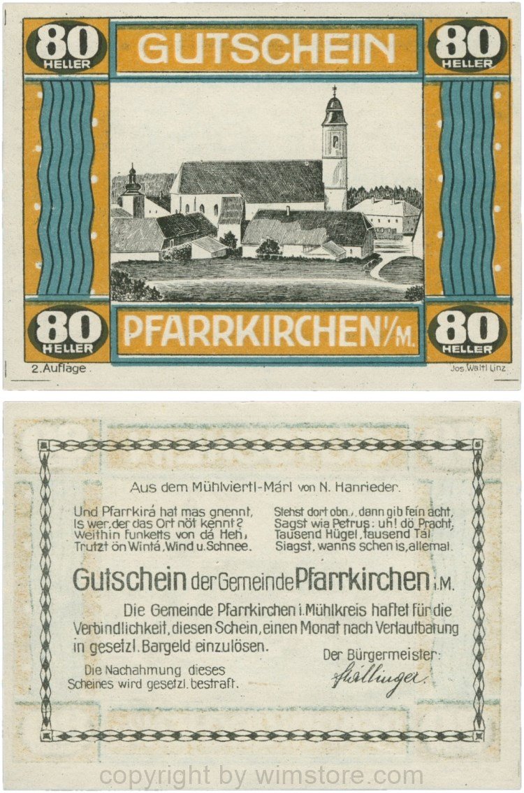 Pfarrkirchen im Mühlkreis, G744.2c, 80 Heller, 2. Auflage, Papier weiss, Rahmen braun/blaugrün, 1