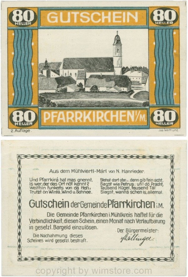 Pfarrkirchen im Mühlkreis, G744.2c, 80 Heller, 2. Auflage, Papier weiss, Rahmen braun/blaugrün, 1