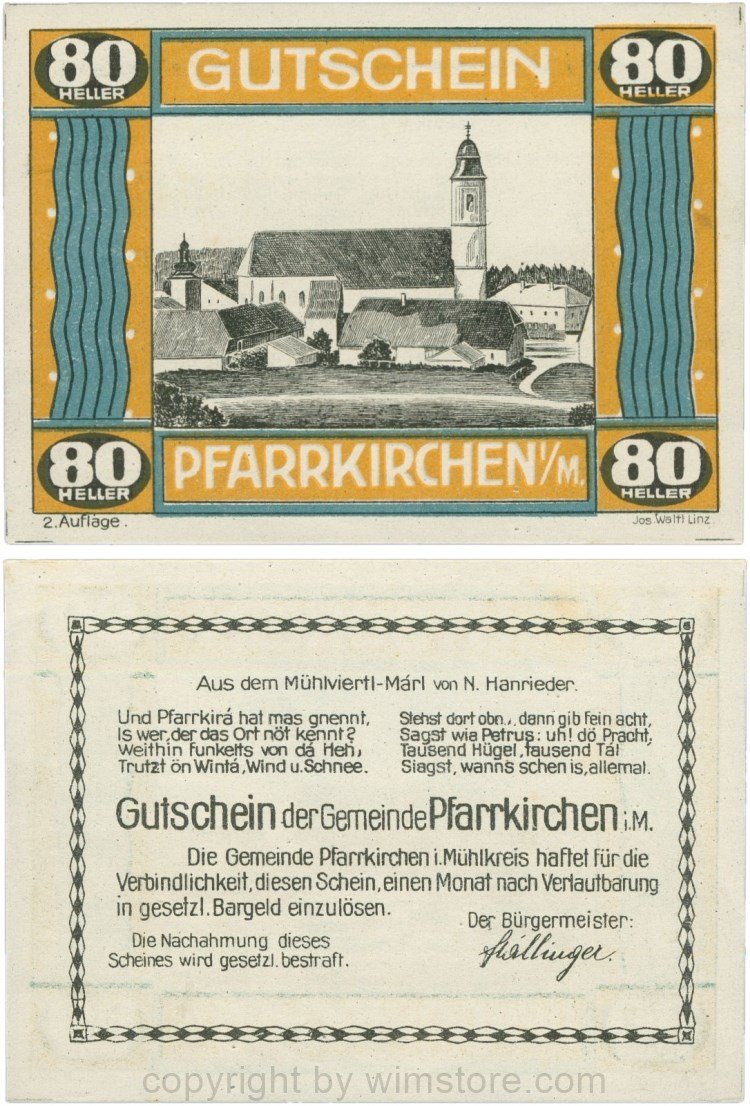 Pfarrkirchen im Mühlkreis, G744.2c, 80 Heller, 2. Auflage, Papier weiss, Rahmen braun/blaugrün, 1