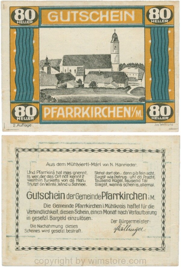 Pfarrkirchen im Mühlkreis, G744.2c, 80 Heller, 2. Auflage, Papier weiss, Rahmen braun/blaugrün, 1-