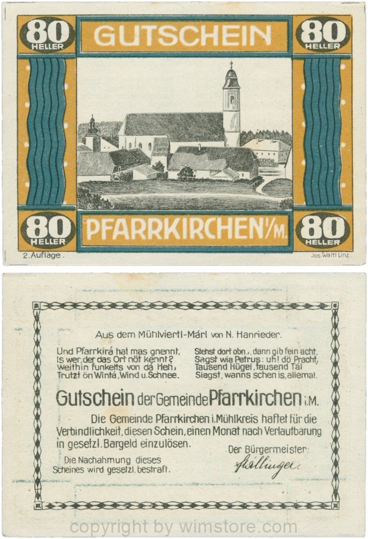 Pfarrkirchen im Mühlkreis, G744.2c, 80 Heller, 2. Auflage, Papier weiss, Rahmen braun/blaugrün, 1-