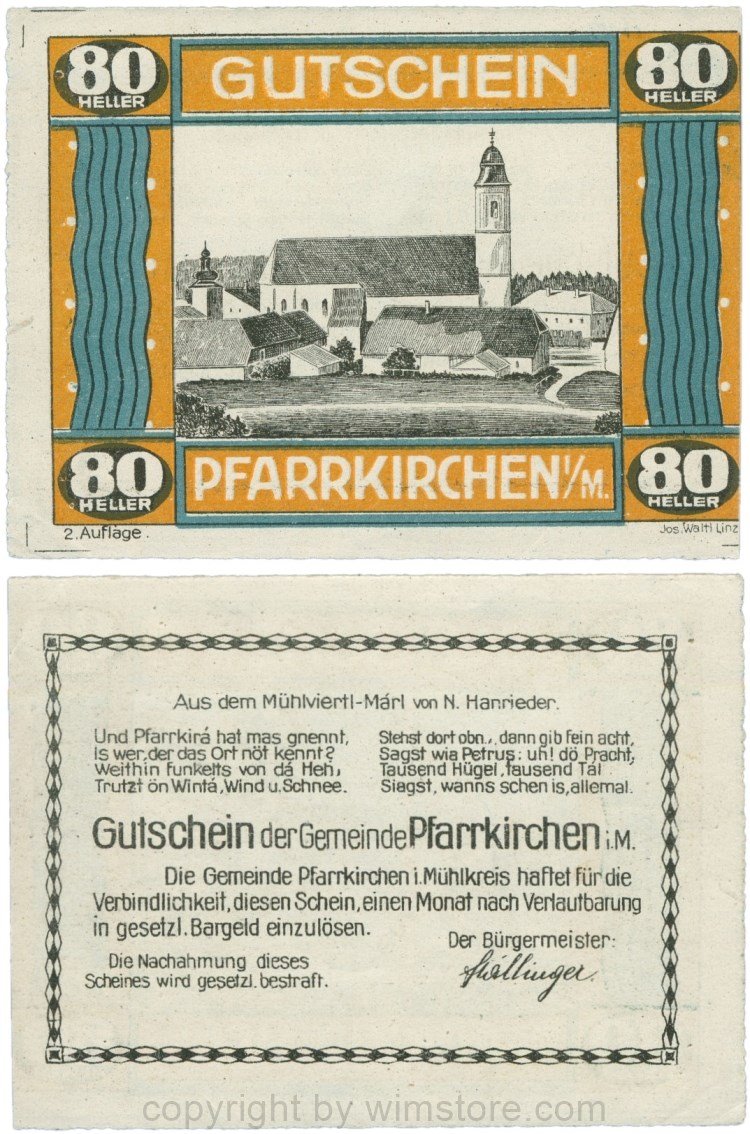 Pfarrkirchen im Mühlkreis, G744.2c, 80 Heller, 2. Auflage, Papier weiss, Rahmen braun/blaugrün, 1-