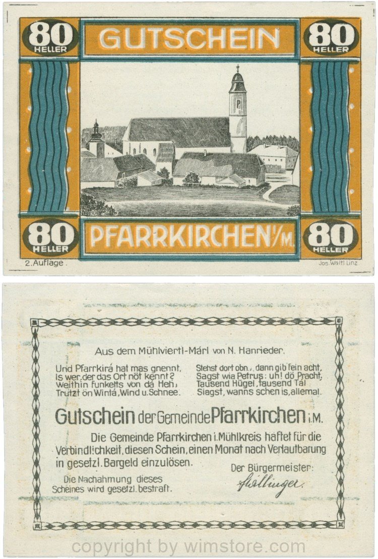 Pfarrkirchen im Mühlkreis, G744.2c, 80 Heller, 2. Auflage, Papier weiss, Rahmen braun/blaugrün, 1-