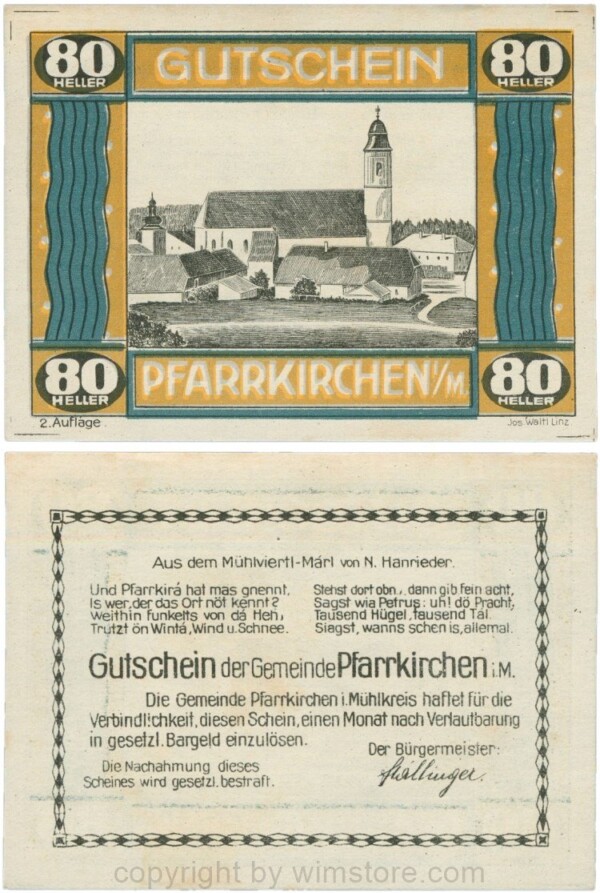 Pfarrkirchen im Mühlkreis, G744.2c, 80 Heller, 2. Auflage, Papier weiss, Rahmen braun/blaugrün, 1-