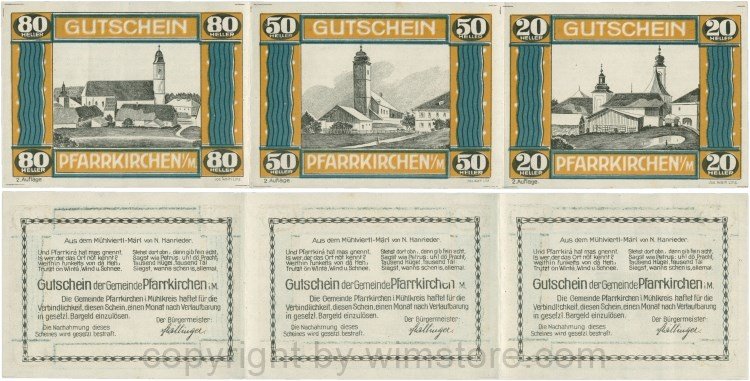 Pfarrkirchen im Mühlkreis, G744.2c, Bogen, 80/50/20 Heller, 2. Auflage, Papier weis, Rahmen braun/blaugrün, 1, gefaltet
